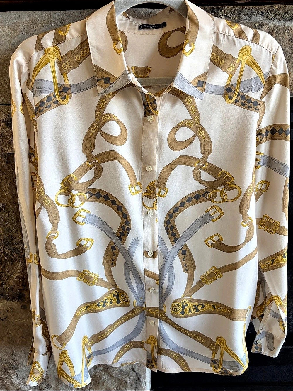 J McLaughlin Silk Equestrian Print Blouse Betty regency Chain Size Medium